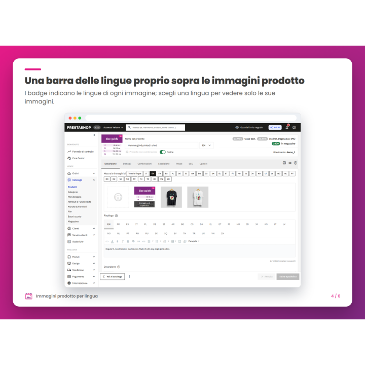 Una barra delle lingue proprio sopra le immagini prodotto