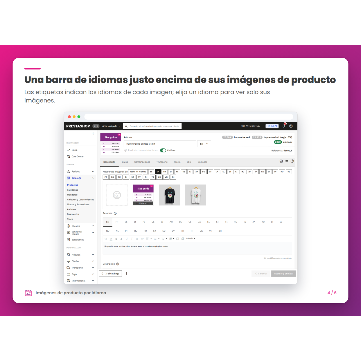Una barra de idiomas justo encima de sus imágenes de producto