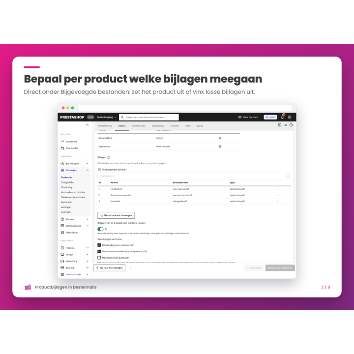 Bepaal per product welke bijlagen meegaan