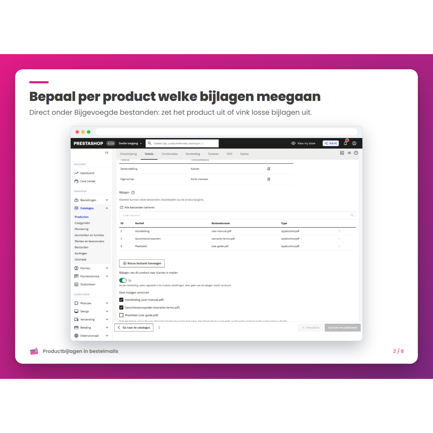 Bepaal per product welke bijlagen meegaan