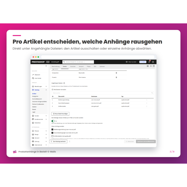 Pro Artikel entscheiden, welche Anhänge rausgehen