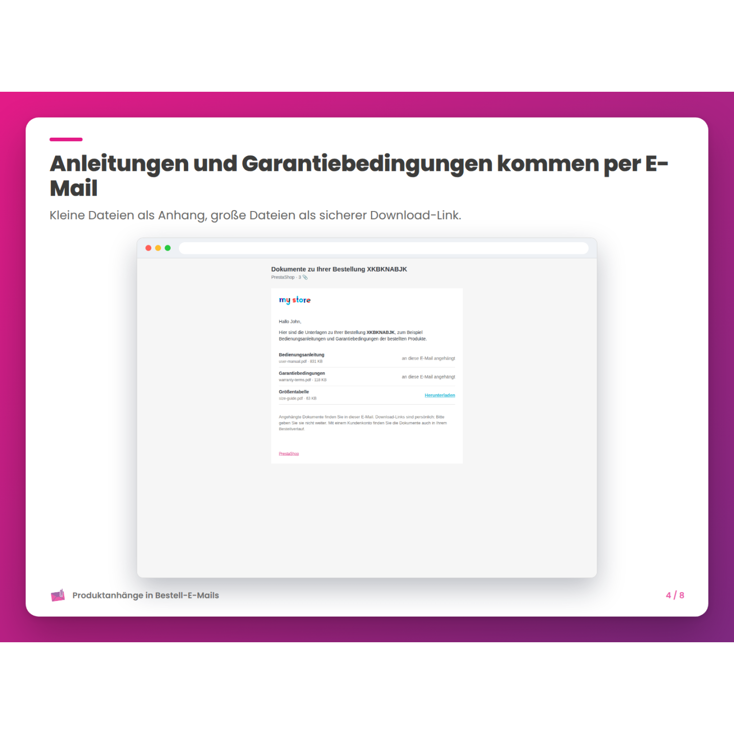 Anleitungen und Garantiebedingungen kommen per E-Mail