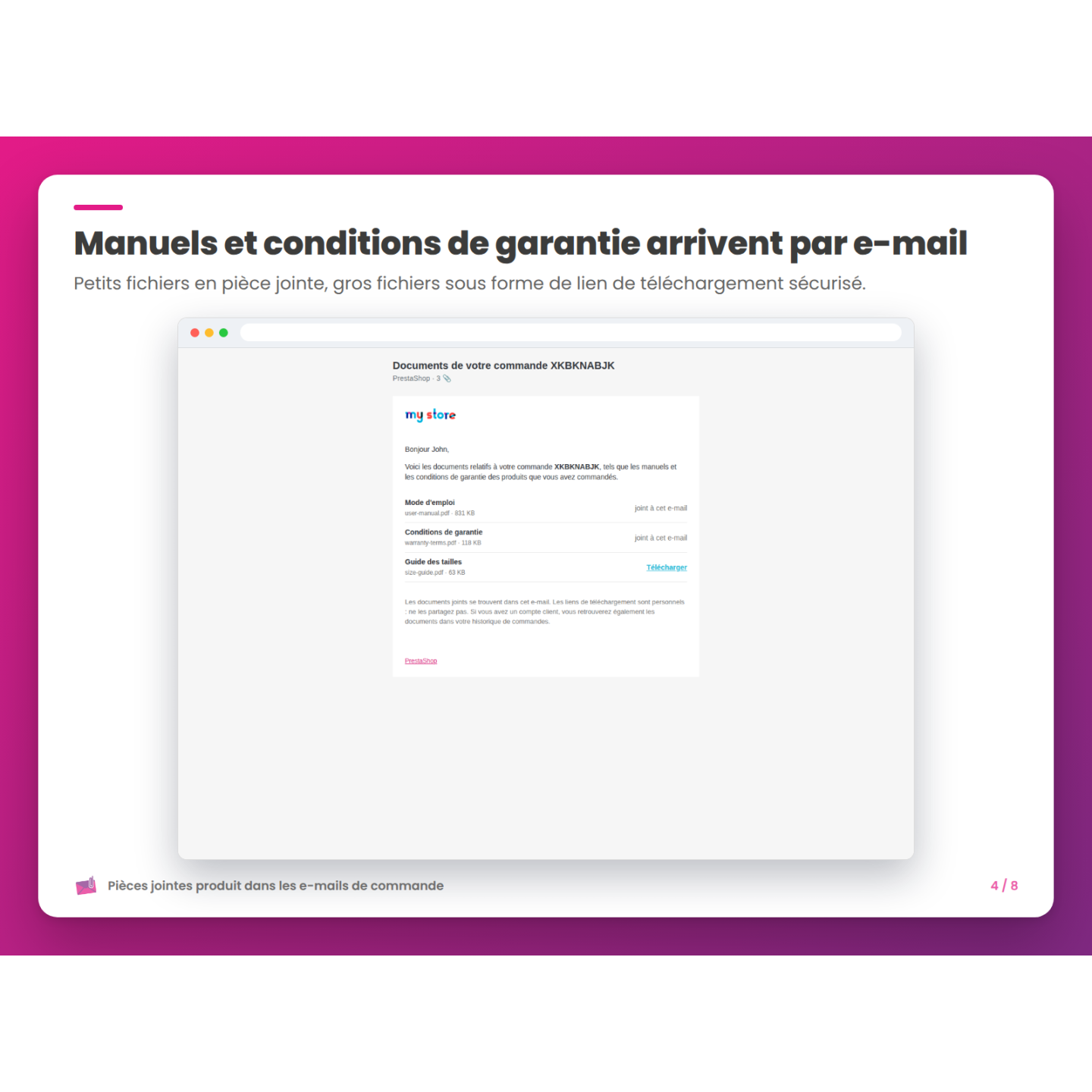 Manuels et conditions de garantie arrivent par e-mail