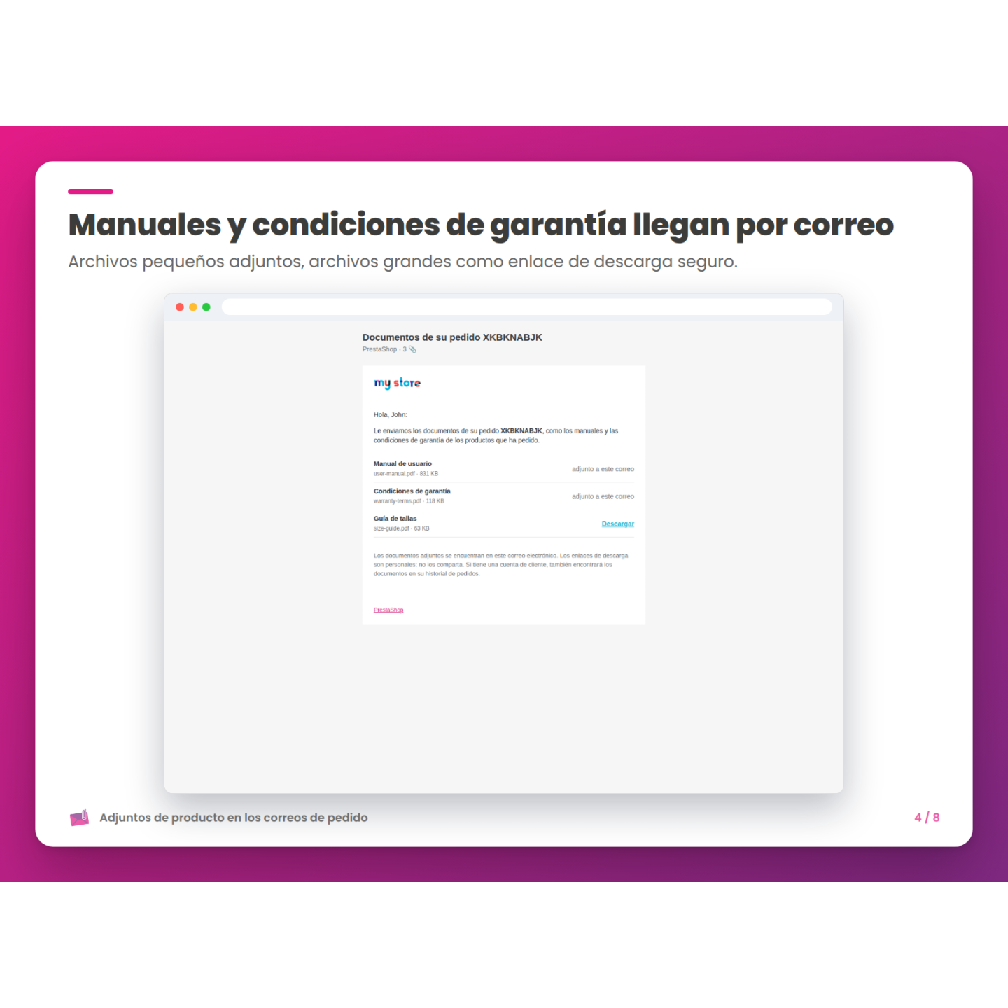 Manuales y condiciones de garantía llegan por correo