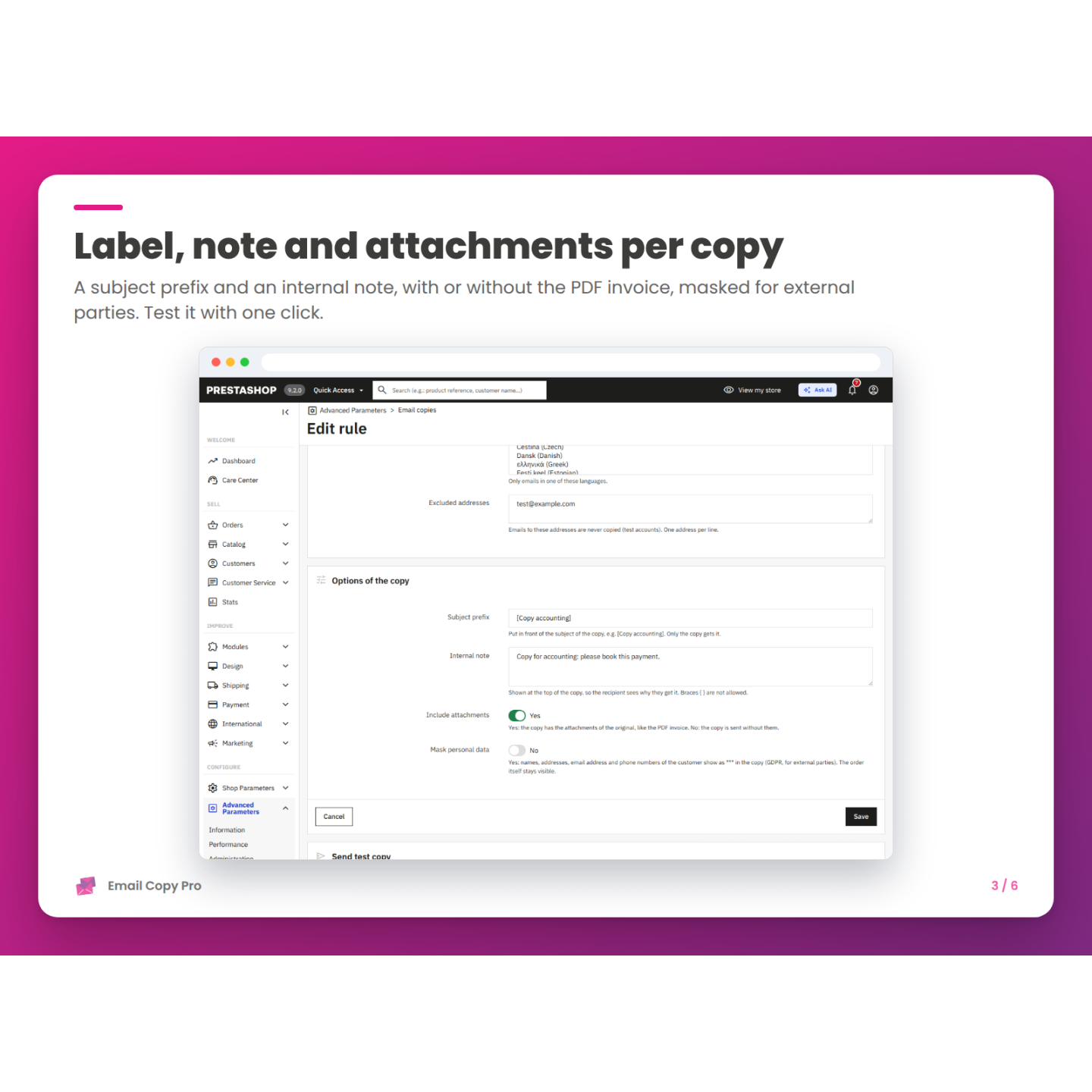 Label, note and attachments per copy