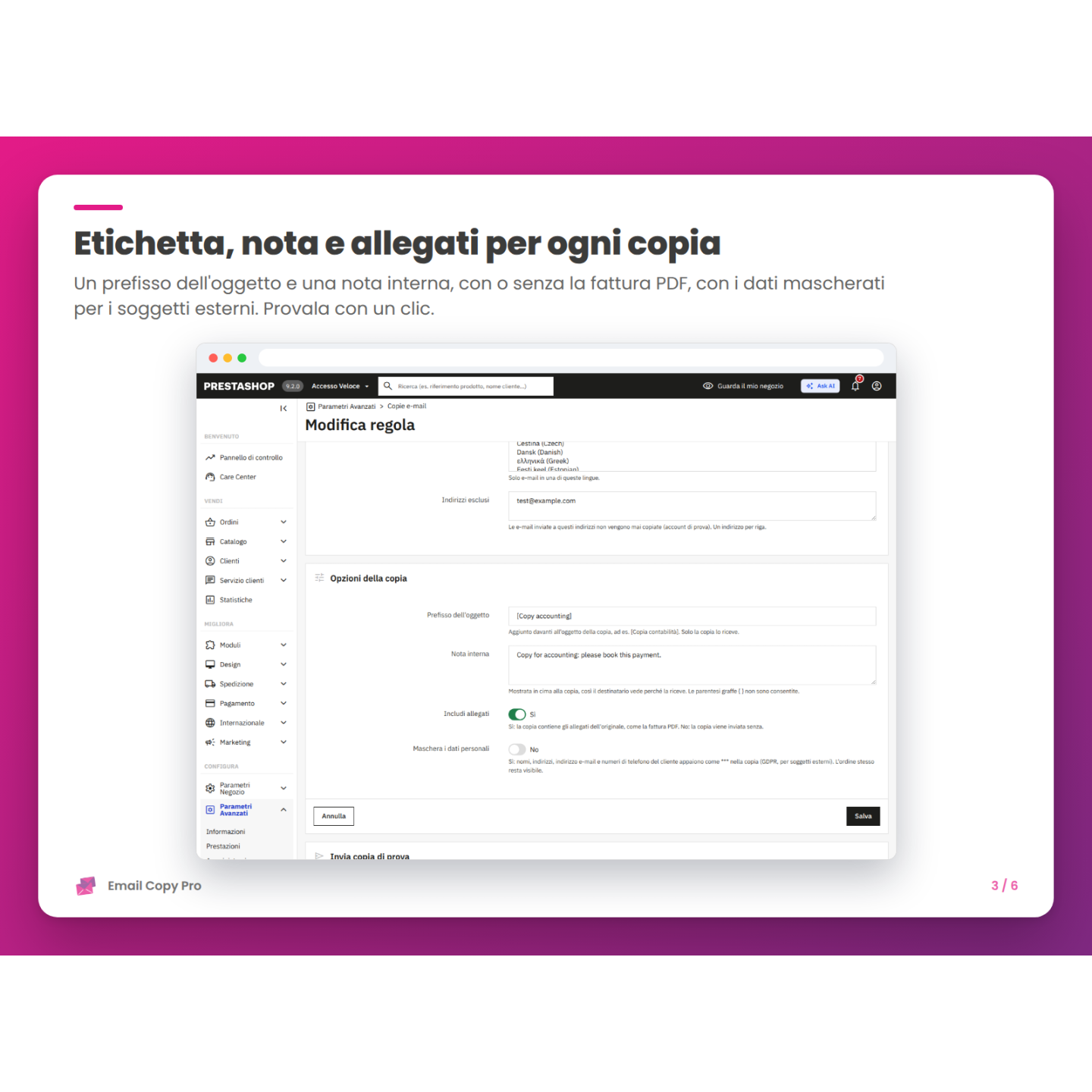 Etichetta, nota e allegati per ogni copia