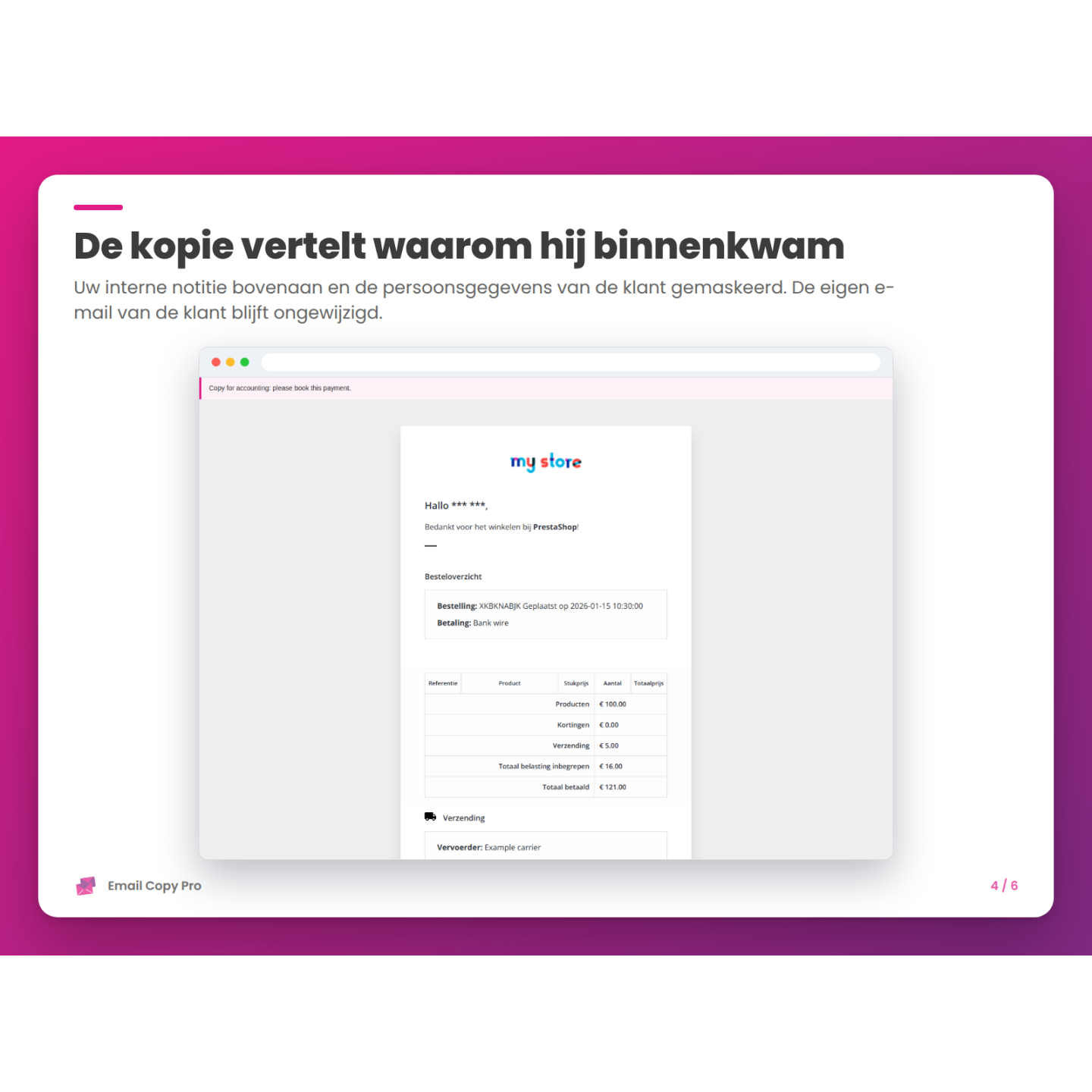 De kopie vertelt waarom hij binnenkwam