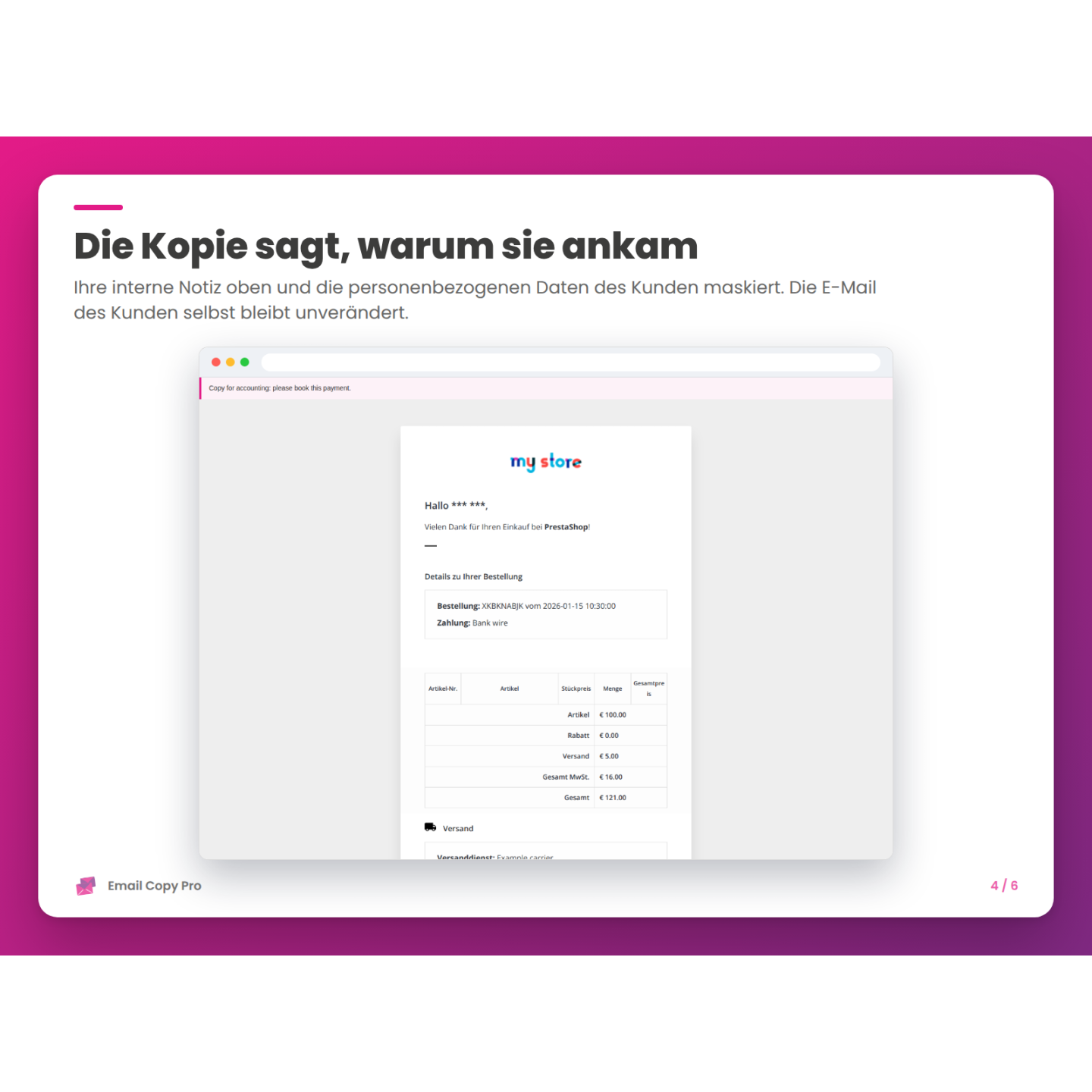 Die Kopie sagt, warum sie ankam