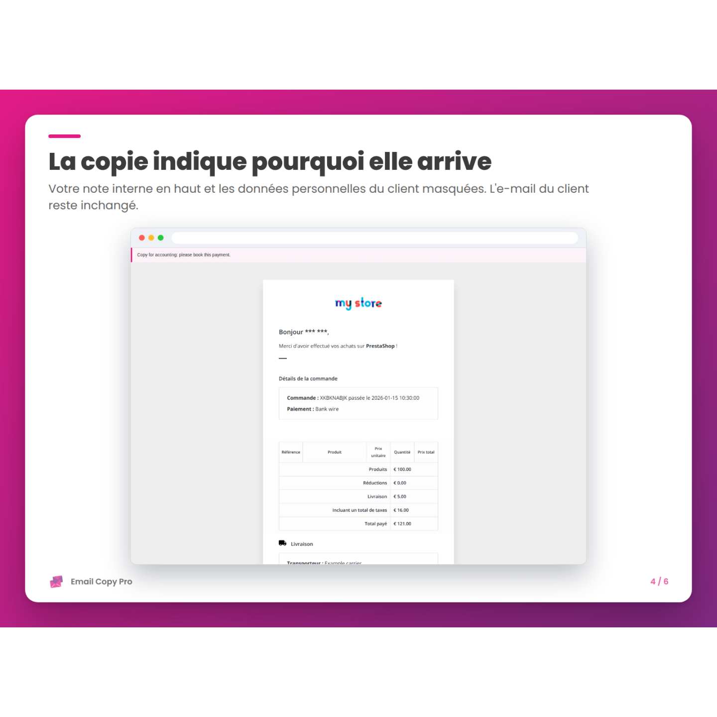 La copie indique pourquoi elle arrive