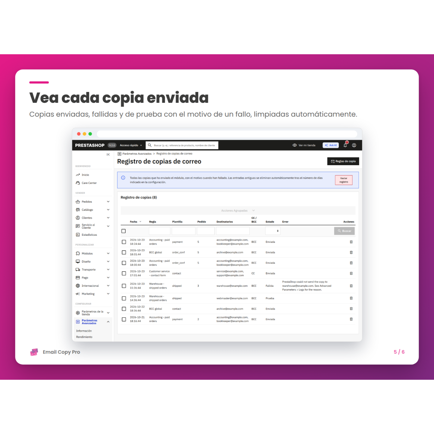 Vea cada copia enviada