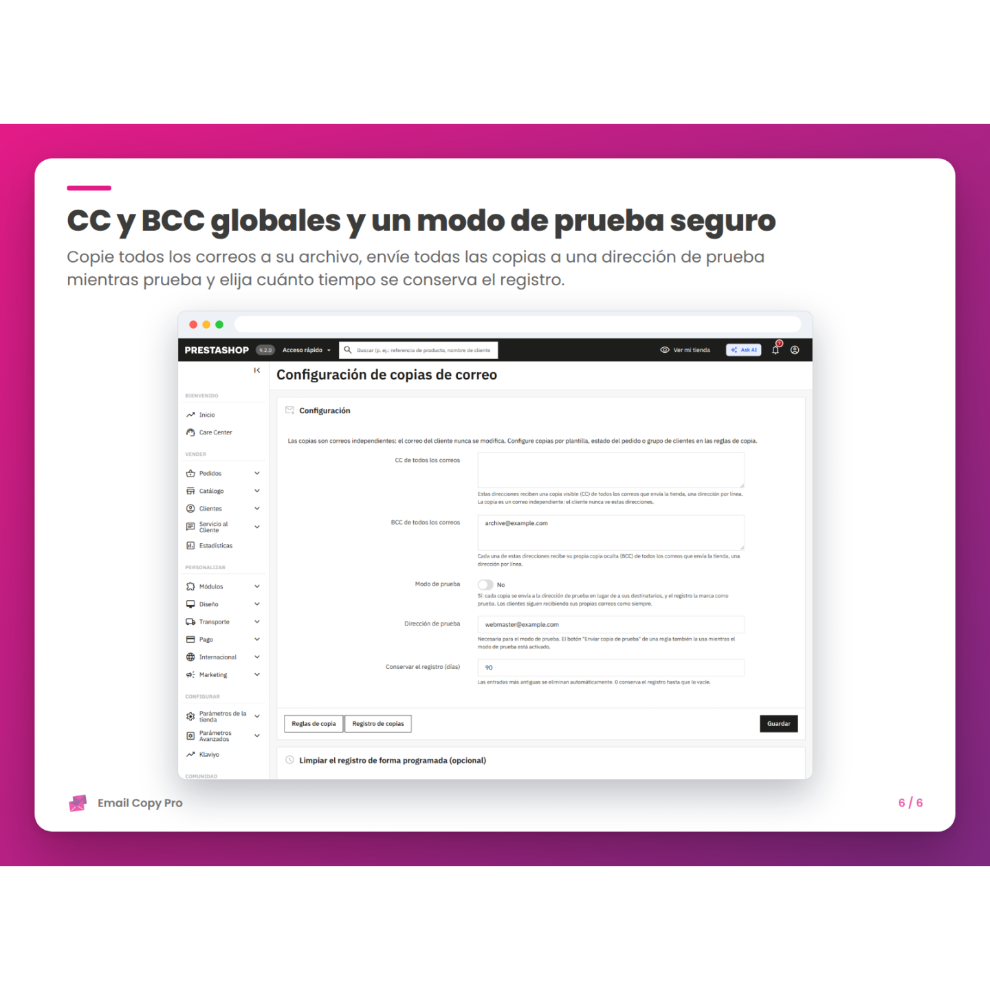 CC y BCC globales y un modo de prueba seguro