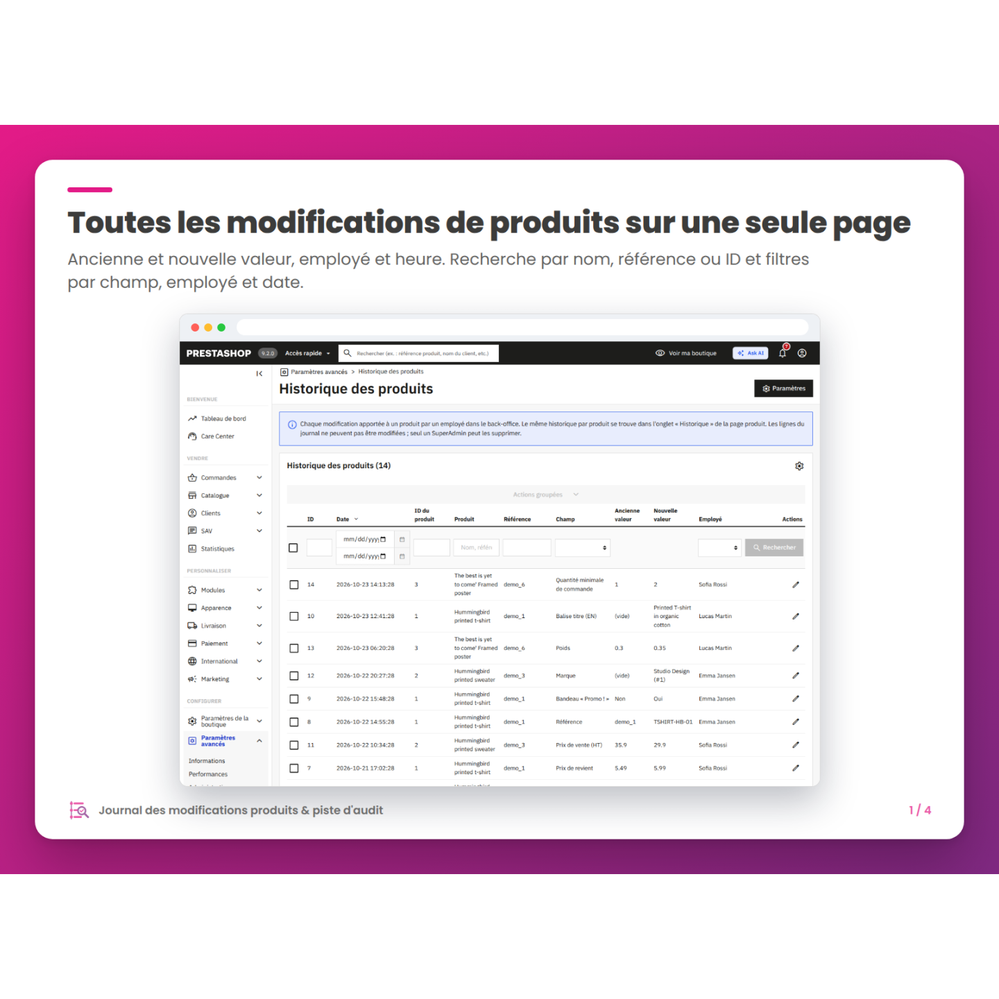 Toutes les modifications de produits sur une seule page