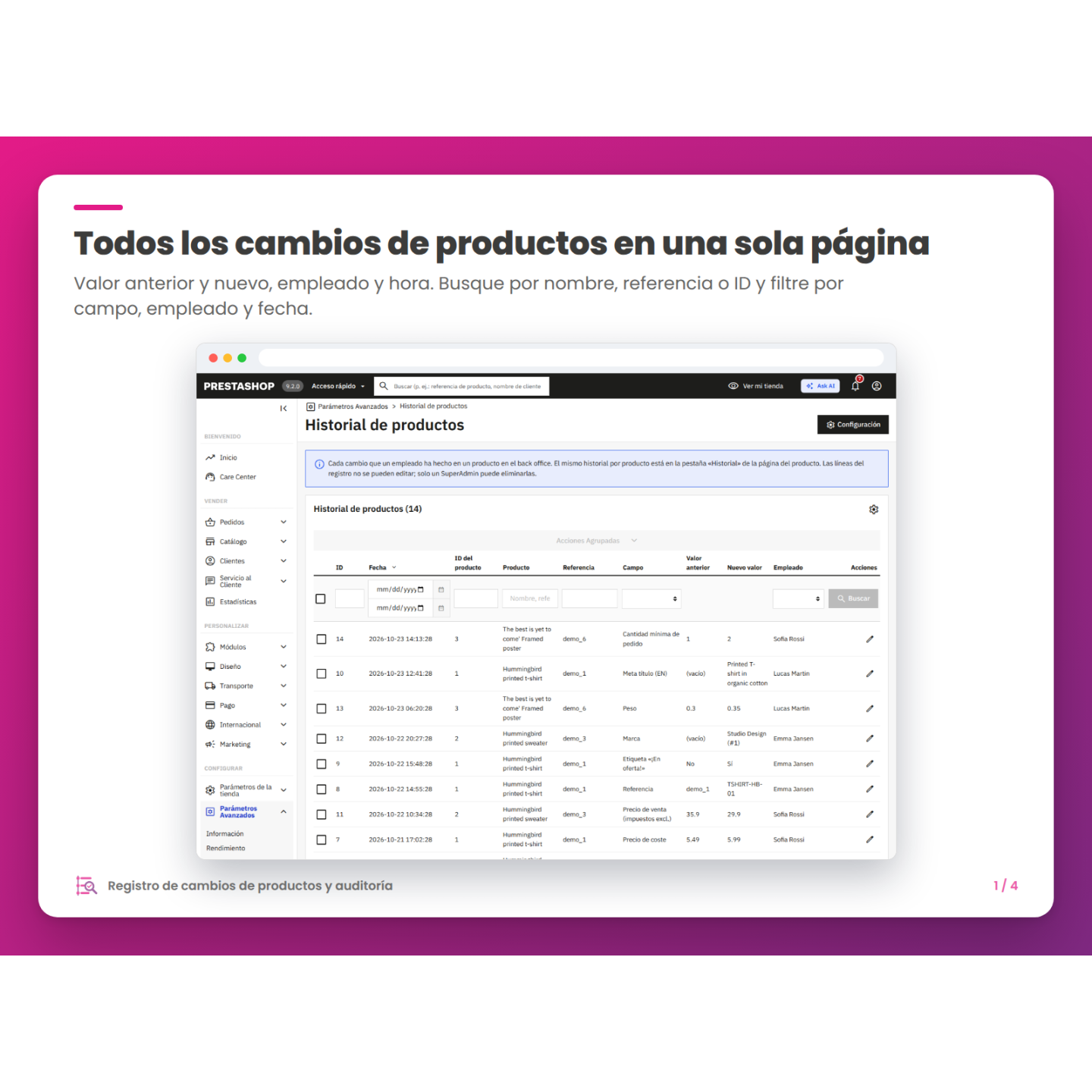 Todos los cambios de productos en una sola página