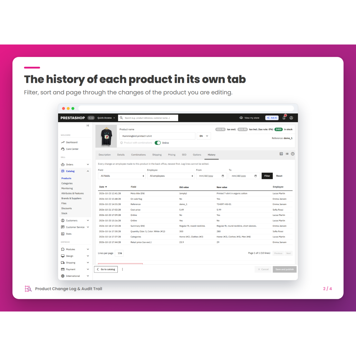 The history of each product in its own tab