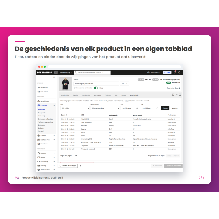 De geschiedenis van elk product in een eigen tabblad