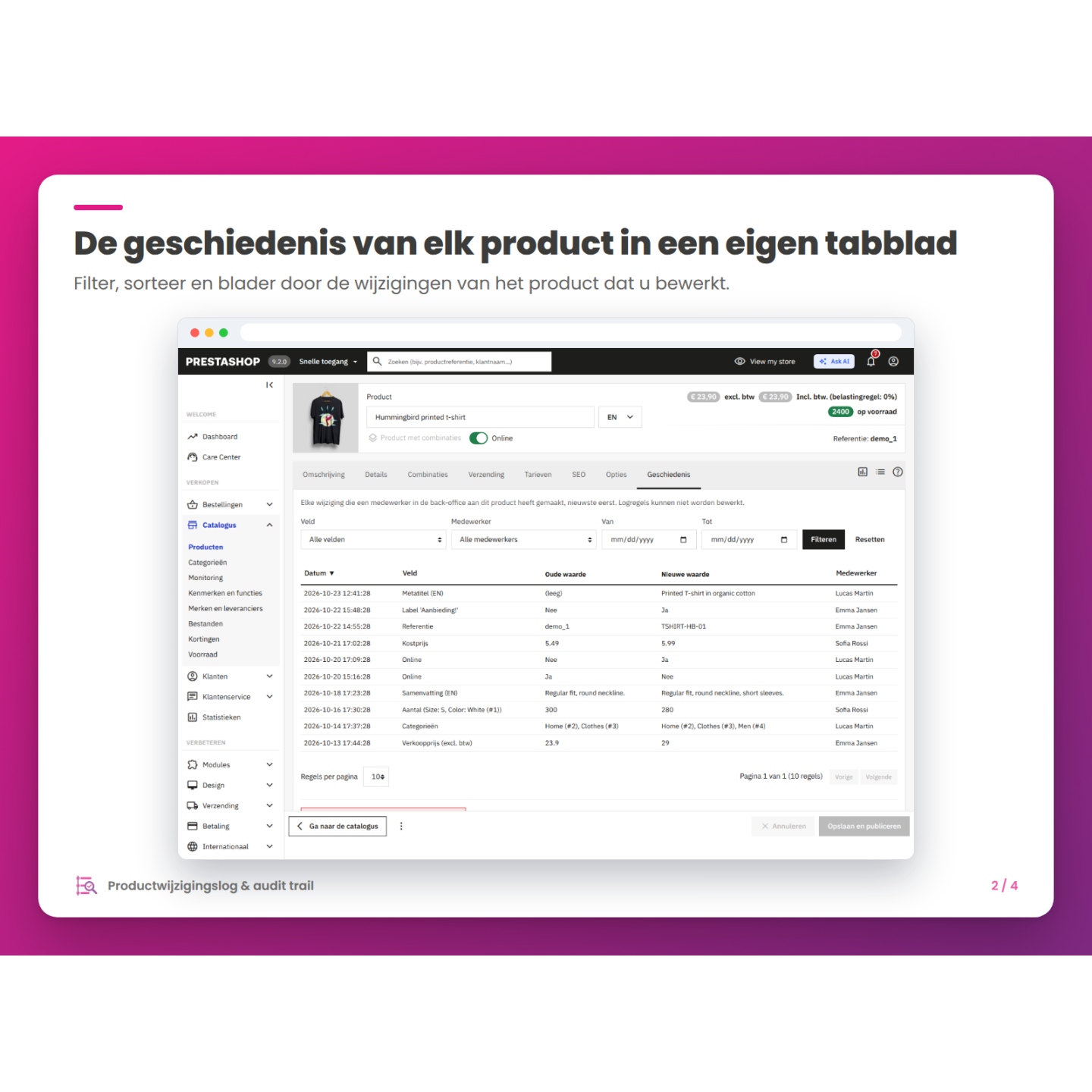 De geschiedenis van elk product in een eigen tabblad
