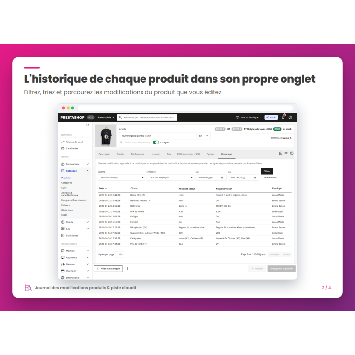 L'historique de chaque produit dans son propre onglet