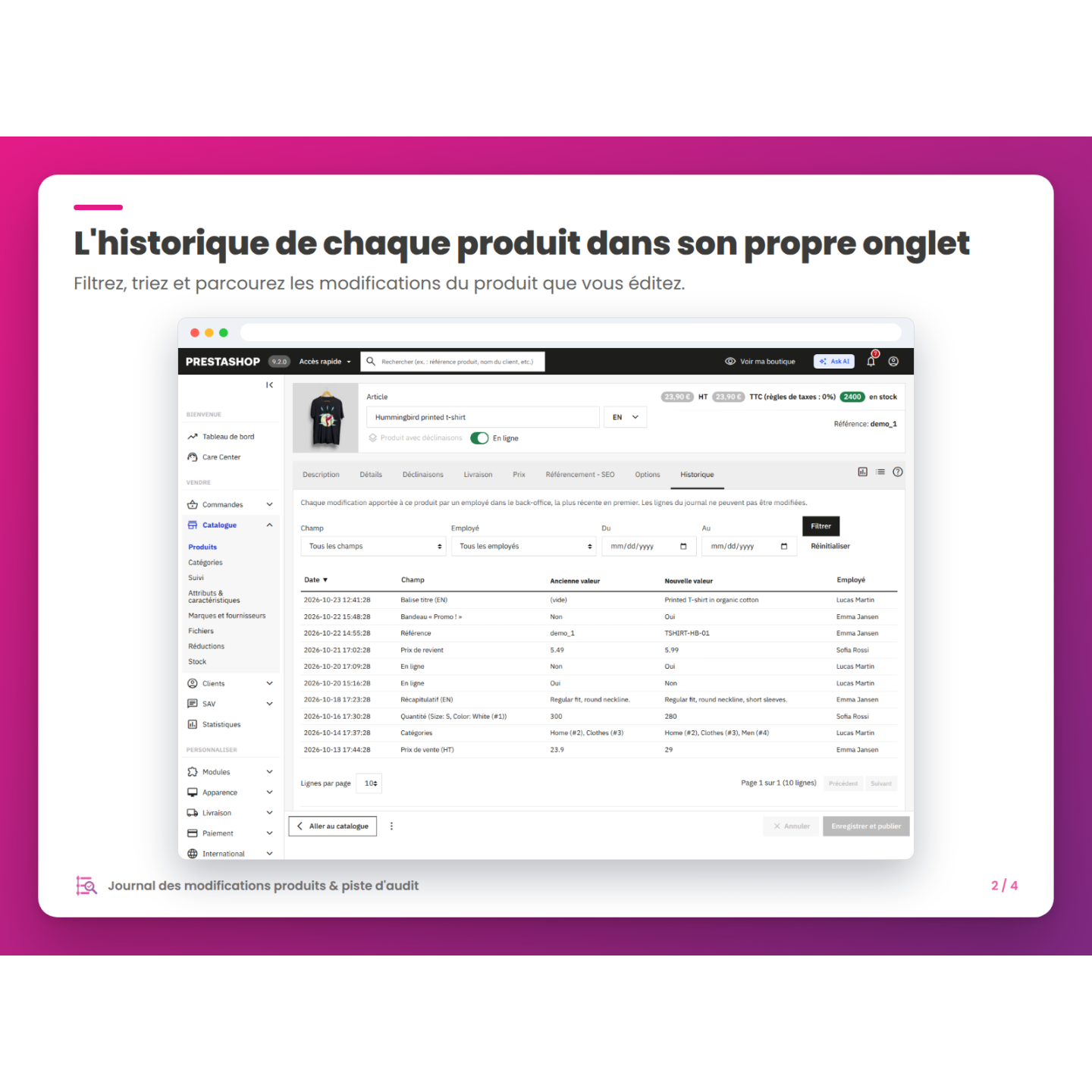 L'historique de chaque produit dans son propre onglet