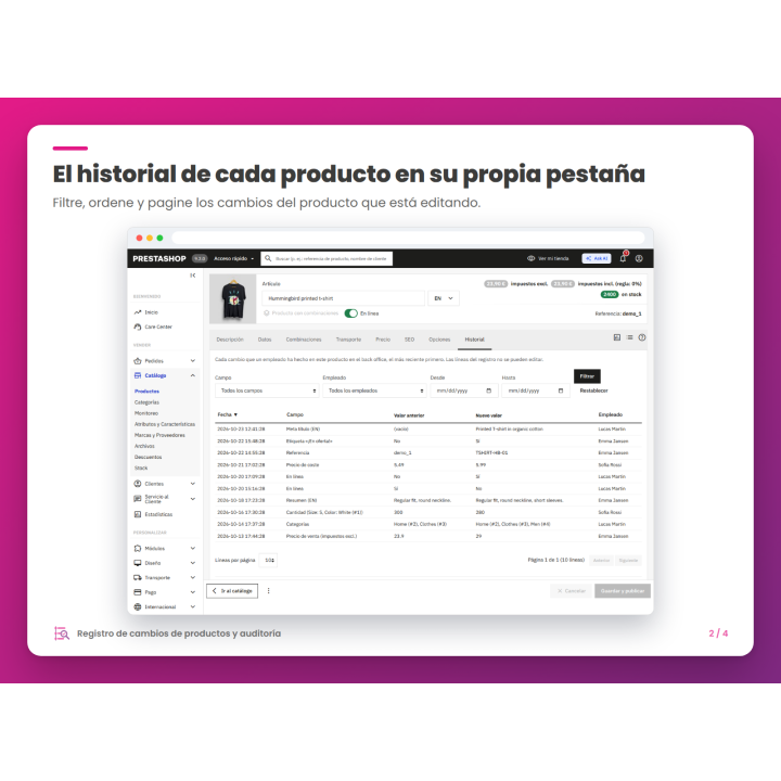 El historial de cada producto en su propia pestaña
