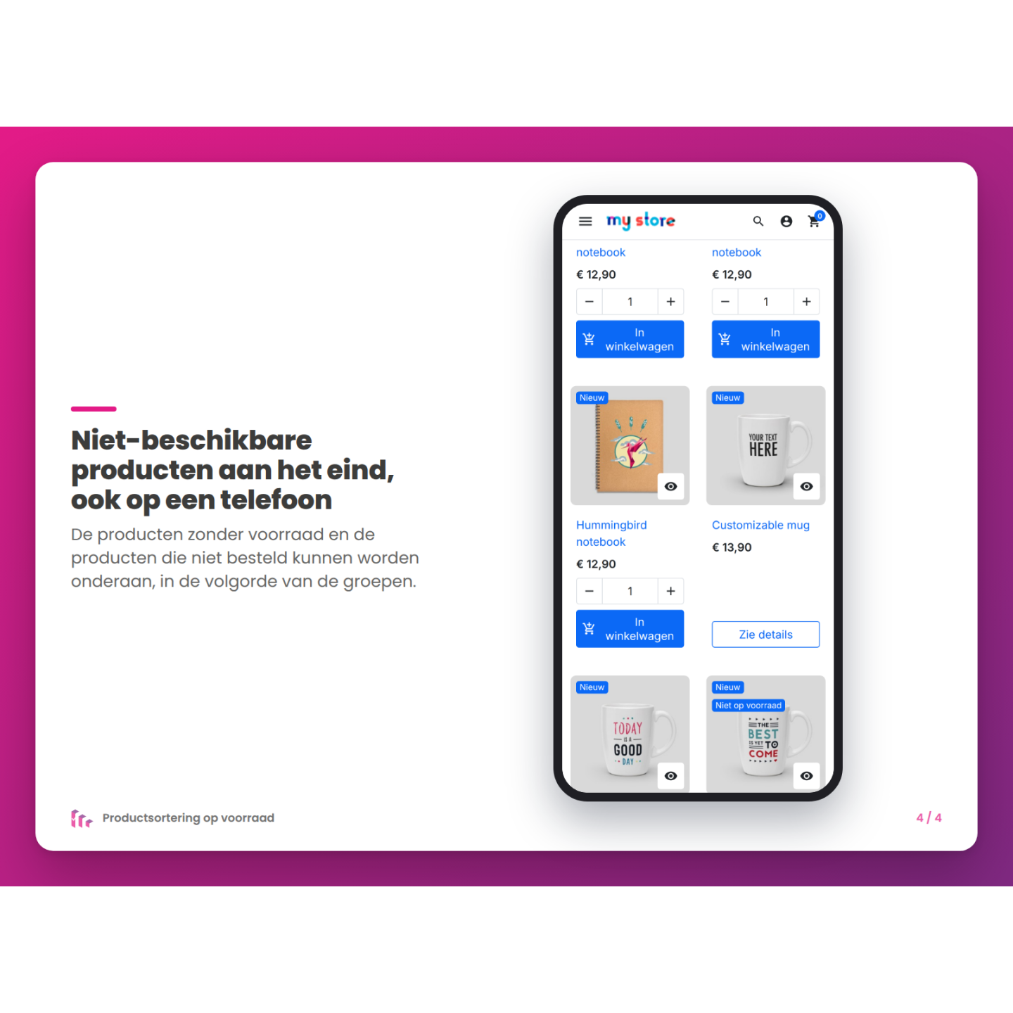 Niet-beschikbare producten aan het eind, ook op een telefoon