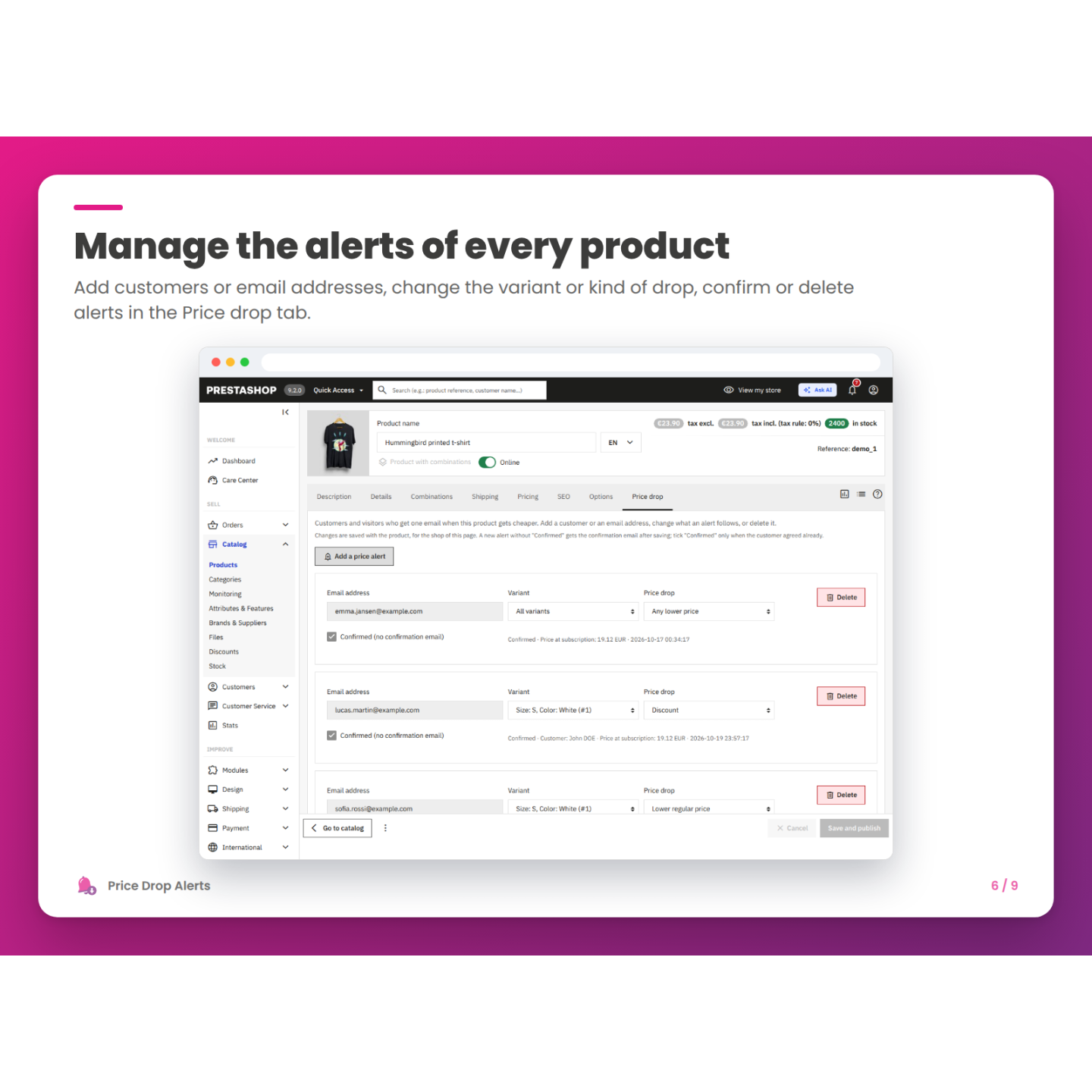 Manage the alerts of every product