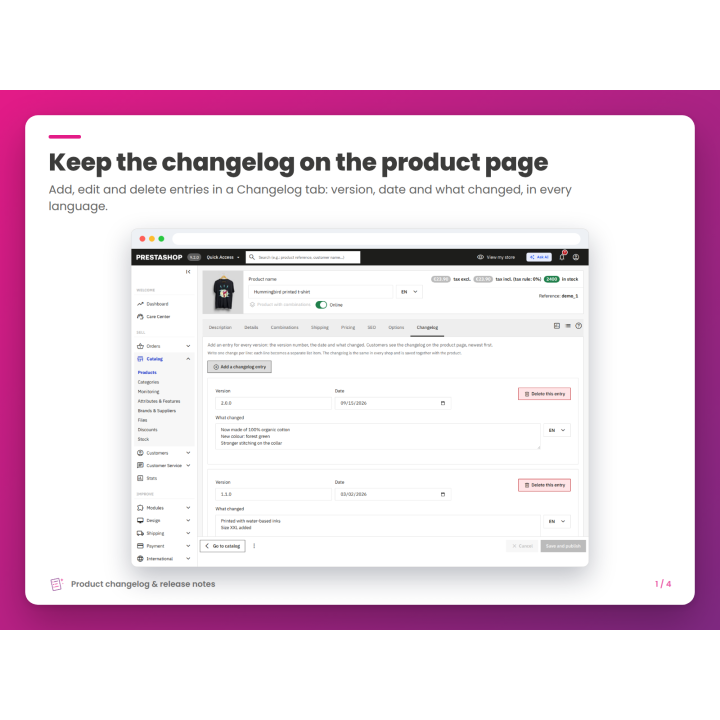 Keep the changelog on the product page