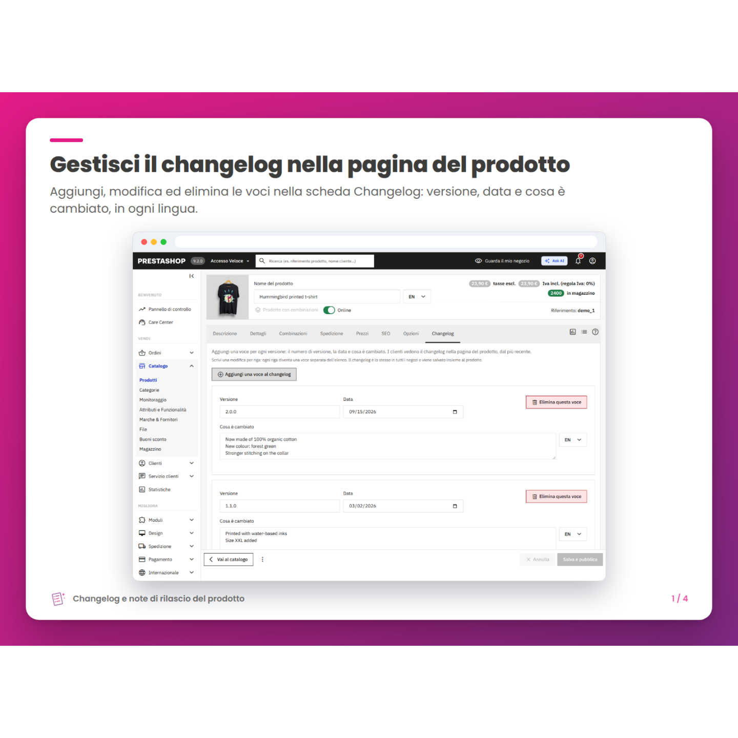 Gestisci il changelog nella pagina del prodotto