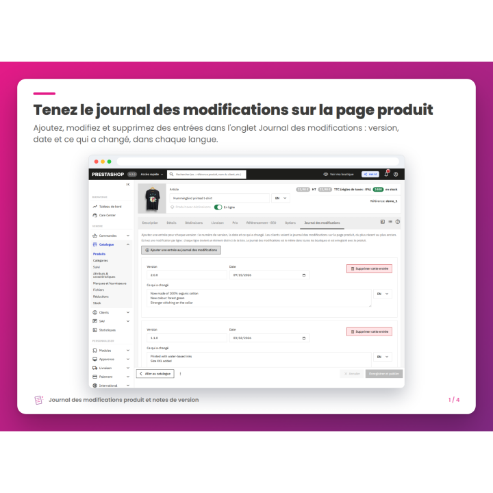 Tenez le journal des modifications sur la page produit