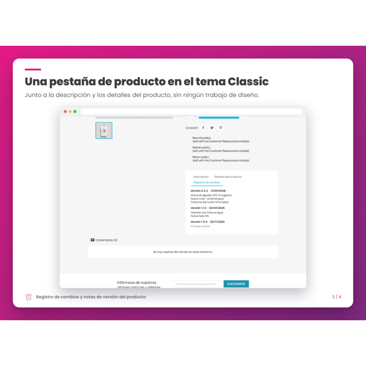 Una pestaña de producto en el tema Classic