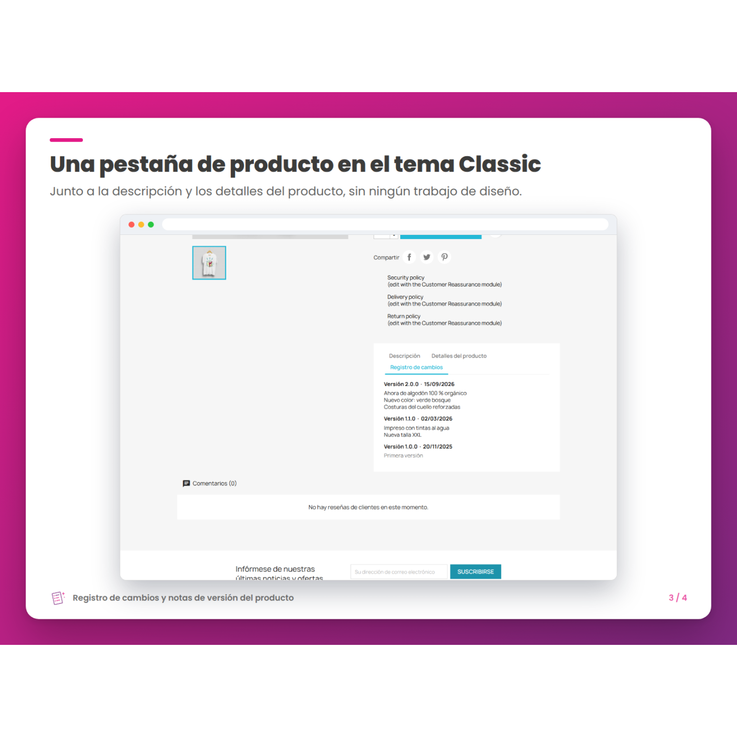 Una pestaña de producto en el tema Classic